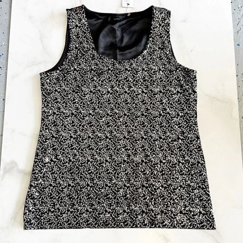 Tahari Size Large Black Camilla Confetti Sequin Silver Lined Tank Top/Cami